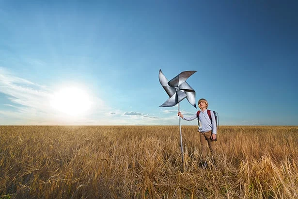 Un garçon prospère debout dans un champ avec une éolienne pour montrer le succès de développement d'applications personnalisés